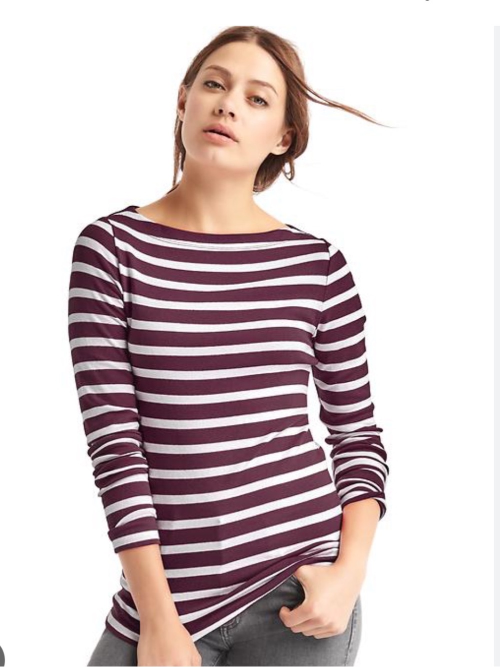 NWOT GAP The Modern Tee Maroon & White Cotton Striped Long-Sleeve Boatneck Top
